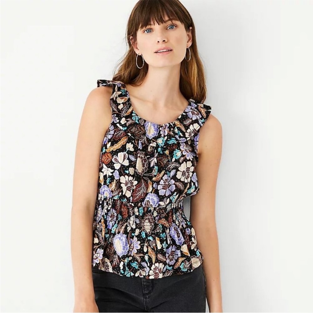 NWT Ann Taylor Batik Floral Smocked Waist Ruffle Neck Top
